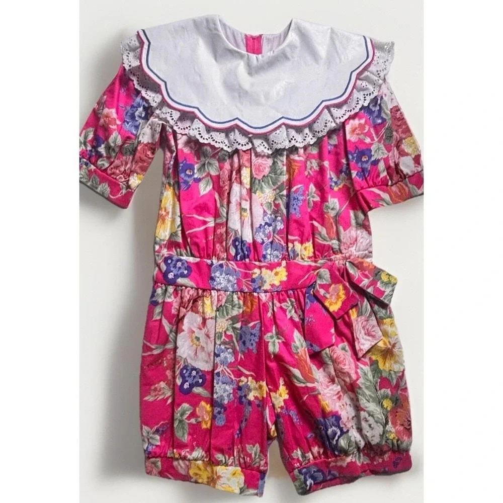Vintage Chocolate Soup Pink Floral Round Lace Collar Shortalls Romper‎ Outfit 10